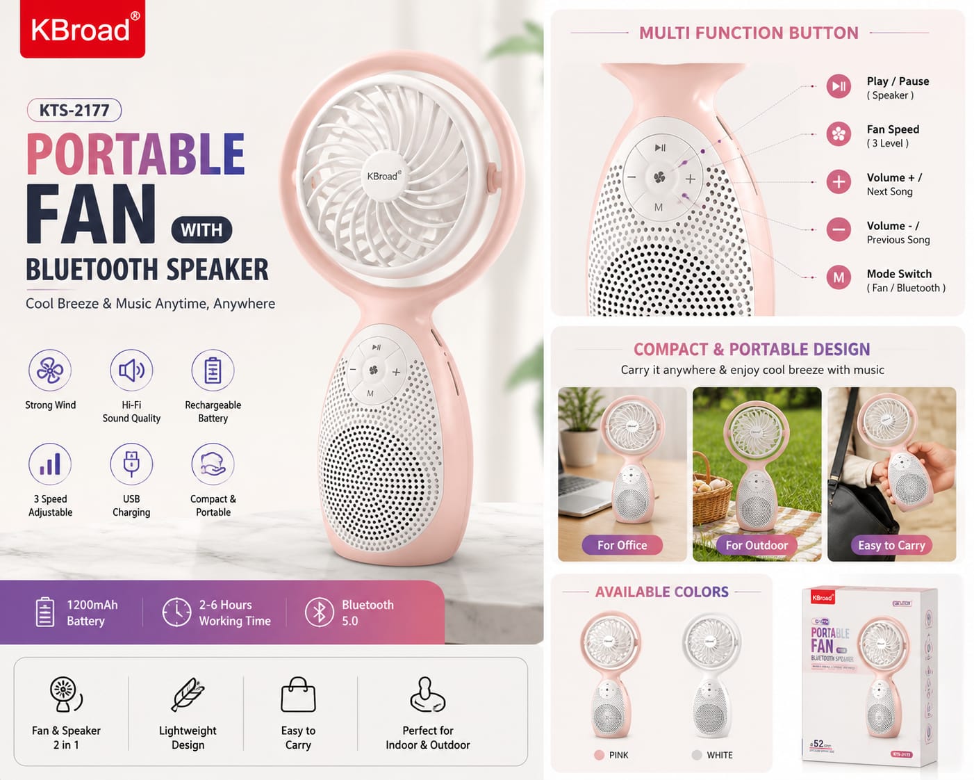 KBroad KTS-2177 Portable Rechargeable Fan with Wireless Bluetooth Speaker | 2-in-1 Mini Fan