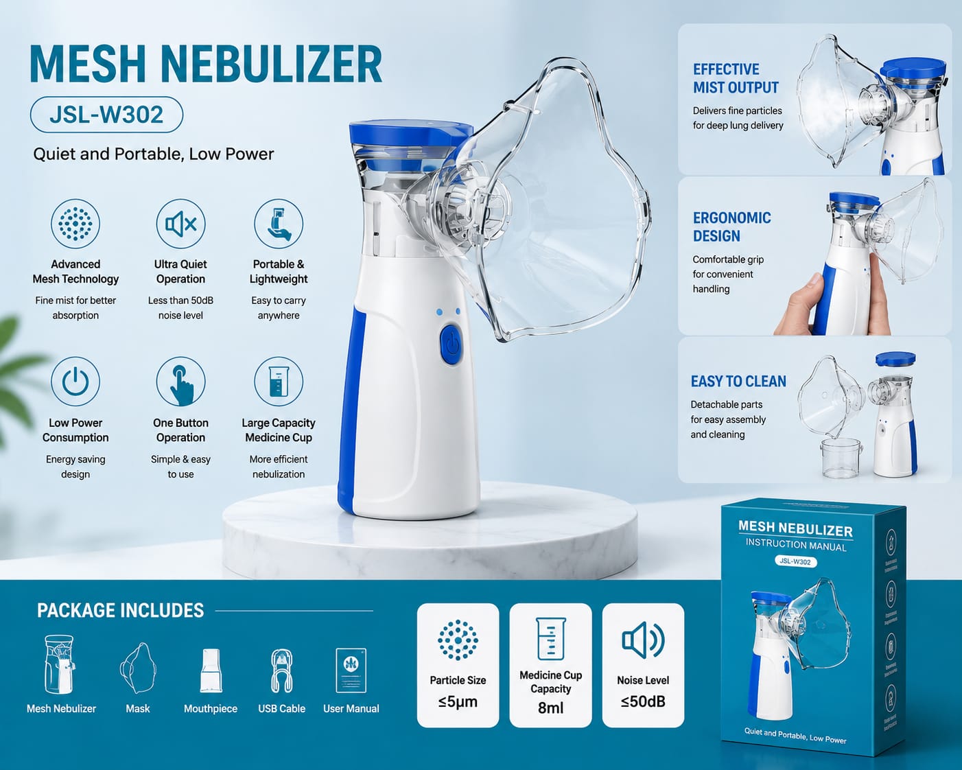 Portable Mesh Nebulizer JSL-W302 | Rechargeable Handheld Nebulizer for Adults & Kids