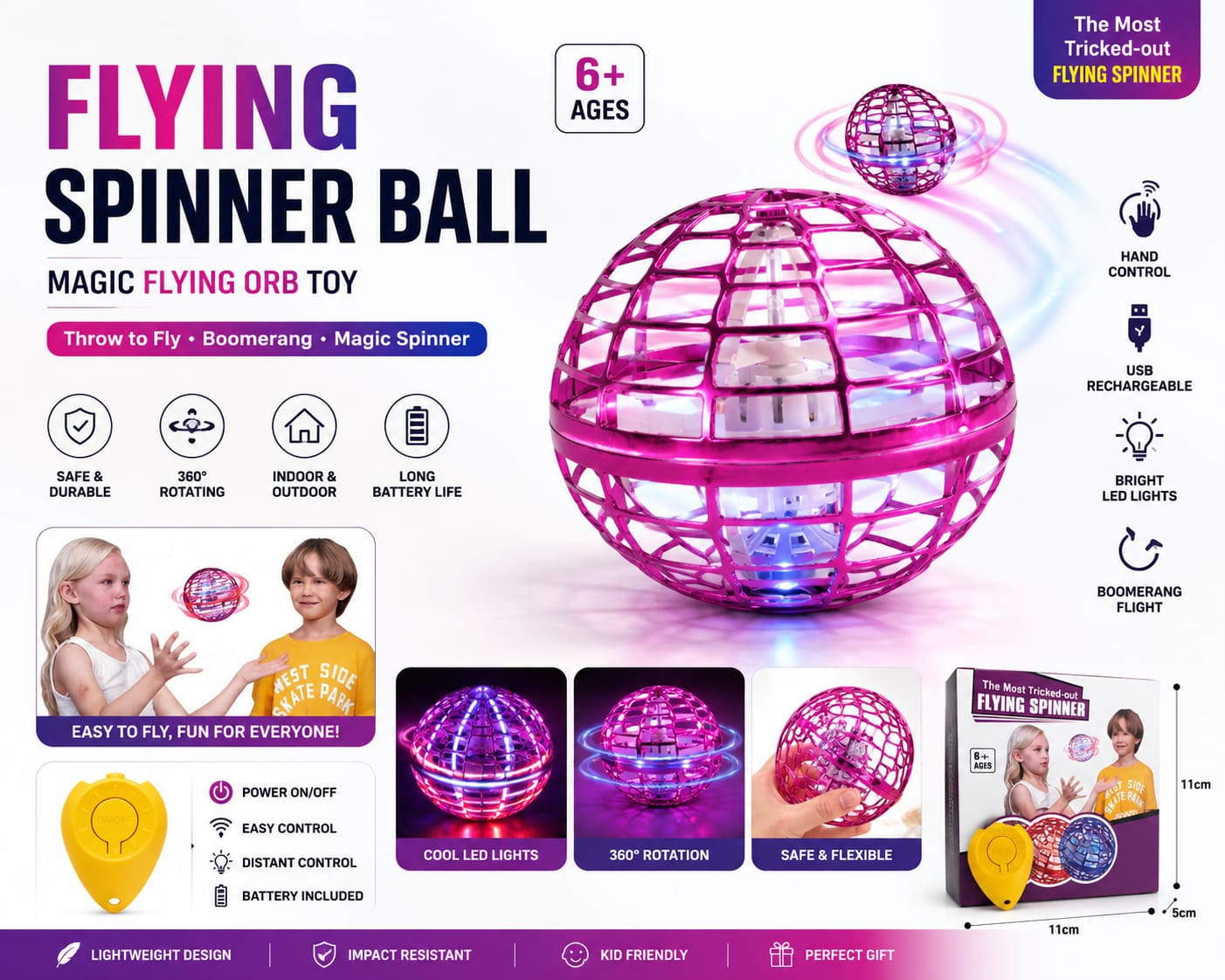 Rechargeable Flying Spinner Ball | Hand Controlled LED Boomerang Mini Drone Toy for Kids & Adults